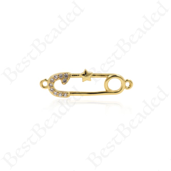 Connecteur de broche de sécurité en or 18K, Micro Pave CZ Star Pin Charm, bricolage Bijoux originaux fabrication 26x8mm