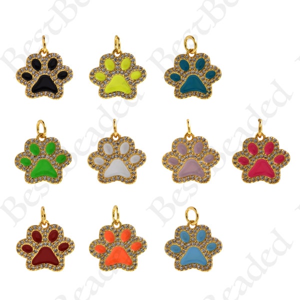 Colorful Enamel Dog or Cat Paw Charm,18k Gold Filled Cute Animal Pendant,DIY Bracelet/Earring Making Supplies 15.5x14mm