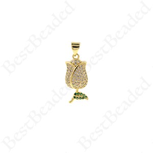 18K Gold Filled Rose Pendant,Micropavé CZ Rose Pendant,Flower Charm Necklace ,DIY Jewelry Making Supply 10x23x4.7mm