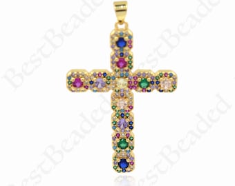 18k Gold Filled Multi-Color Rectangular Zirconia Flexible Cross Charm, Cross Necklace 41x28mm