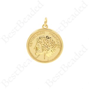 18K Gold Queen Elizabeth Pendant,Clear CZ Portrait Coin Charms,DIY Handmade Accessories 20mm