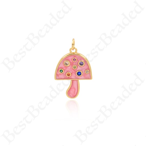 18K Filled Gold Zircon Enamel Mushroom Necklace Pendant, Mushroom Charm, High Jewellery, 24x16mm