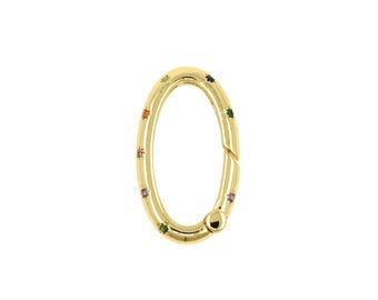 Elegant ovalt kopplingslås med regnbågsfärgad CZ-beläggning i guldton, perfekt för snygga smyckesmonteringsprojekt 15,5 x 27 mm