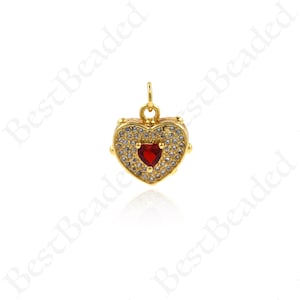 Gold Filled Heart Pendant,Red CZ Pave Heart Necklace Charm,DIY Jewelry Supplies 13x14mm 1Pcs