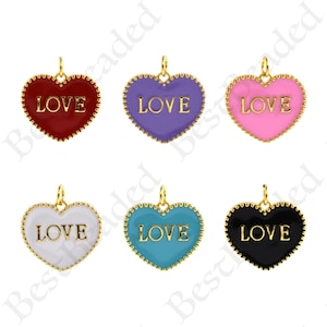 Multicolor Enamel Heart Charm,Gold Filled Love Word in Heart Pendant,Original Minimalist Jewelry Findings 20x18mm