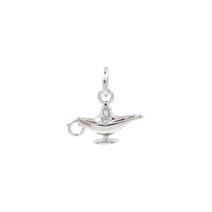 May include: A silver charm in the shape of a genie lamp. The lamp has a handle and a spout. The charm is detailed with intricate designs.