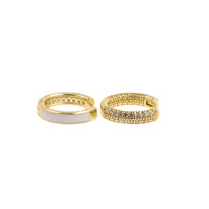 Sleek Gold Earrings with White Enamel and Sparkling Gems for a Modern Statement,16.5x15.5mm