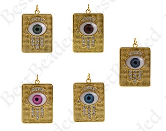18k Gold Filled Hamsa Hand Pendant,Square Shape Evil Eye Charm,DIY Simple Jewelry Making Findings 31.5x22mm
