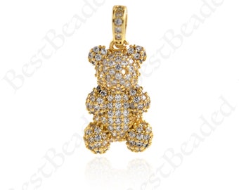 18K Filled Gold CZ Micro Pavé Bear Pendant, Bear Jewelry Necklace for DIY Jewelry Making Supplies, 27x17mm, 17x10mm