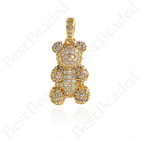 Pendentif d’ours en or rempli 18K CZ Micro Pavé, Collier de bijoux d’ours pour fournitures de fabrication de bijoux de bricolage, 27x17mm, 17x10mm