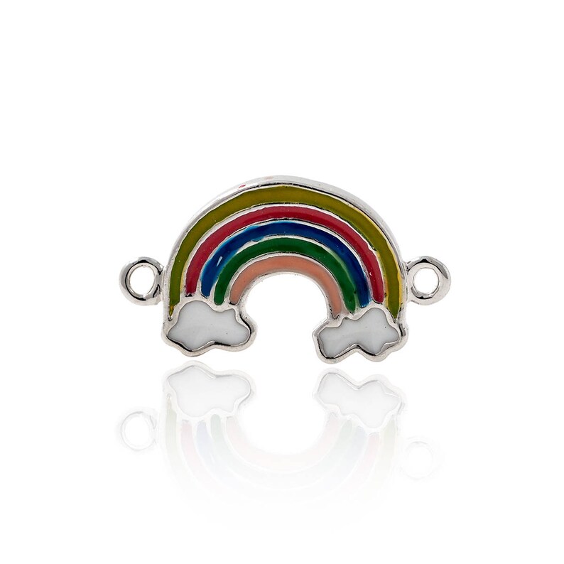 May include: Silver charm with a rainbow design and white clouds. The rainbow has red, orange, yellow, green, blue, and purple stripes.
