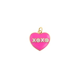 Pingente de coração XOXO rosa brilhante – Acessório de esmalte com mensagem de amor fofa para fazer joias faça você mesmo, 16 x 15,9 mm