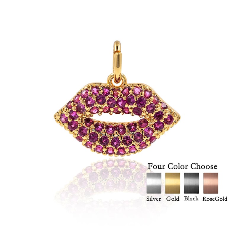 May include: Gold charm in the shape of a pair of lips with pink cubic zirconia stones. The charm is available in four colors: silver, gold, black, and rose gold.  Four Color Choose.
