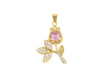 Elegant Gold Rose Flower Pendant With Pink CZ Center And Sparkling CZ Leaves For Romantic Jewelry Crafting,27x18mm