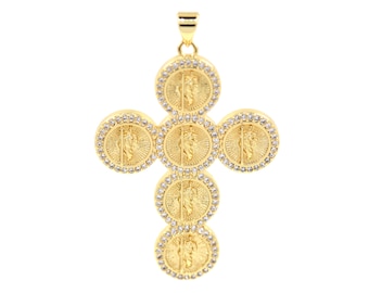 18K Gold Filled Lucky Cross Pendant,Stainless Steel Cross Pendant,CZ Micro Pave Religious Charm,DIY Jewelry Making Supply 45.5x32.5mm