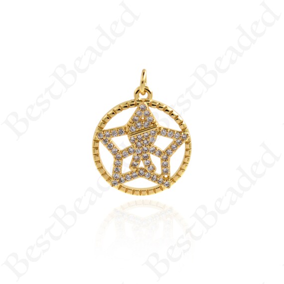 18K Gold Plated Ring Cutout Star Necklace, CZ Micropavé Star