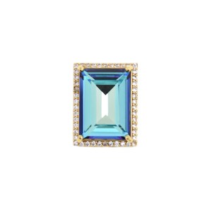 May include: A rectangular, aquamarine-colored gemstone with a gold setting. The gemstone is surrounded by a halo of small, clear gemstones. The gold setting has a textured appearance.