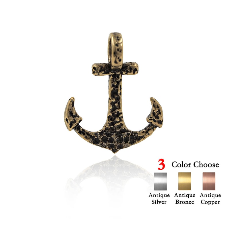 May include: A gold-toned anchor pendant with a textured surface. The anchor has a loop at the top for attaching to a chain or cord. The pendant is available in three finishes: antique silver, antique bronze, and antique copper.