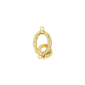 Può includere: Una chiusura per gioielli color oro con un anello superiore ovale e un anello inferiore rotondo più piccolo. L'anello ovale ha un design strutturato e organico. La chiusura è progettata per collegare due pezzi di gioielleria.