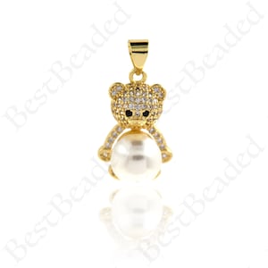 CZ Micropavé Teddy Bear Charm, Gold Plated Pearl Bear Pendant Necklace for DIY Jewelry Crafting, 20x13mm