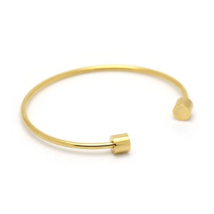 May include: A gold-toned bangle bracelet with two cylindrical end caps.