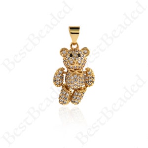 Brass Bear Pendant Necklace, CZ Micropavé Teddy Bear Charm for DIY Bracelet Necklace, 20x14mm