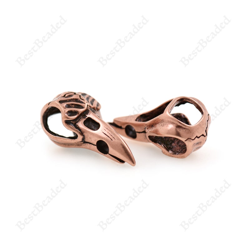 May include: Two copper-colored bird skull beads with intricate details. The beads have a hole for stringing and are perfect for jewelry making or other craft projects.