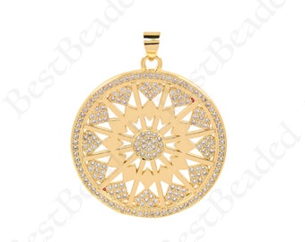 Ciondolo per collana con sole rotondo con diamanti in oro 18 carati per disegni di gioielli fai-da-te, 30 mm