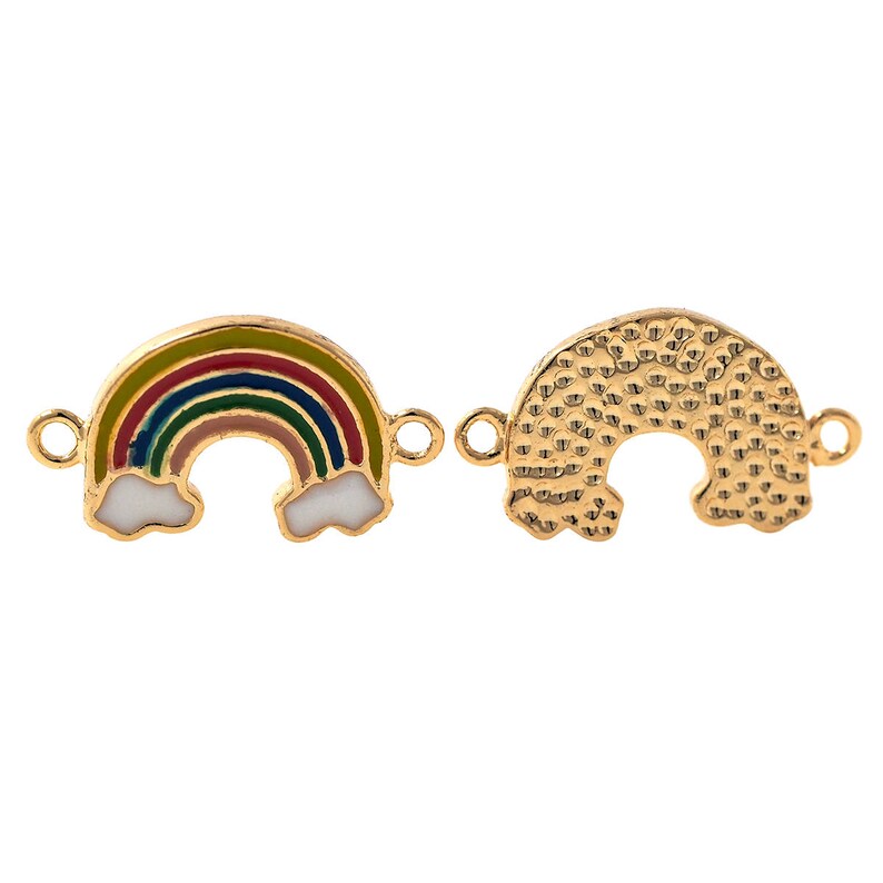 May include: Two gold-colored rainbow charm connectors. One connector features a rainbow with white clouds and the other connector has a textured surface.