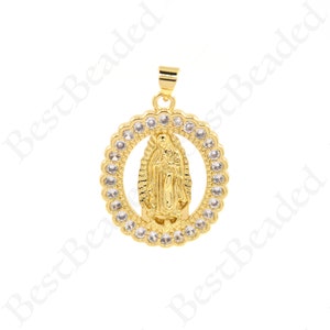 18K Gold Filled Virgin Mary Medallion Charms,CZ Pave Lady of Guadalupe Pendant for DIY Jewelry Making 28x22mm