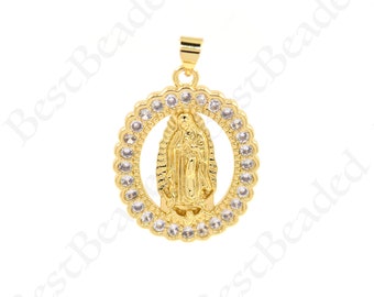 Dijes de medallón de la Virgen María rellenos de oro de 18 quilates, colgante de CZ Pave Lady of Guadalupe para hacer joyas DIY 28x22mm