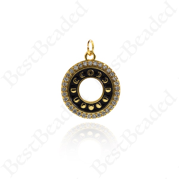 Enamel Circle Eclipse Moon Charm,18k Gold Filled Lunar Eclipse Pendant,DIY Minimalist Jewelry Findings 14.5mm