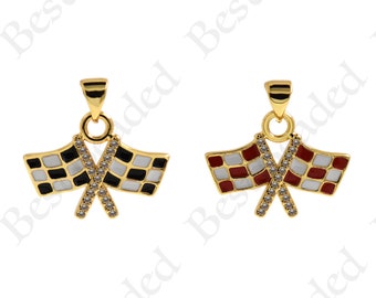 May include: Two gold-tone checkered flag pendants with clear rhinestones. One pendant has black and white checkered flags, and the other has red and white checkered flags.