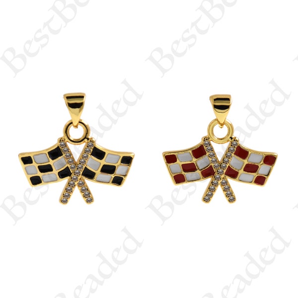 Dainty Enamel Checkered Flag Charm,18k Gold Filled Racing Flag Pendant for DIY Personalize Jewelry Accessories 21x16mm