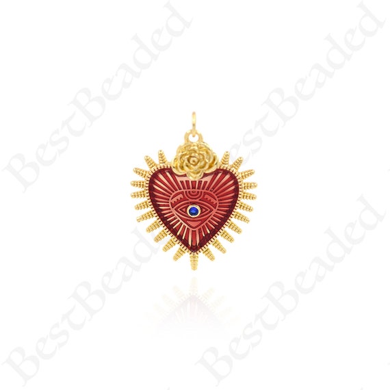 18K Filled Gold Enamel Heart Evil Eye Necklace Pendant, Evil Eye