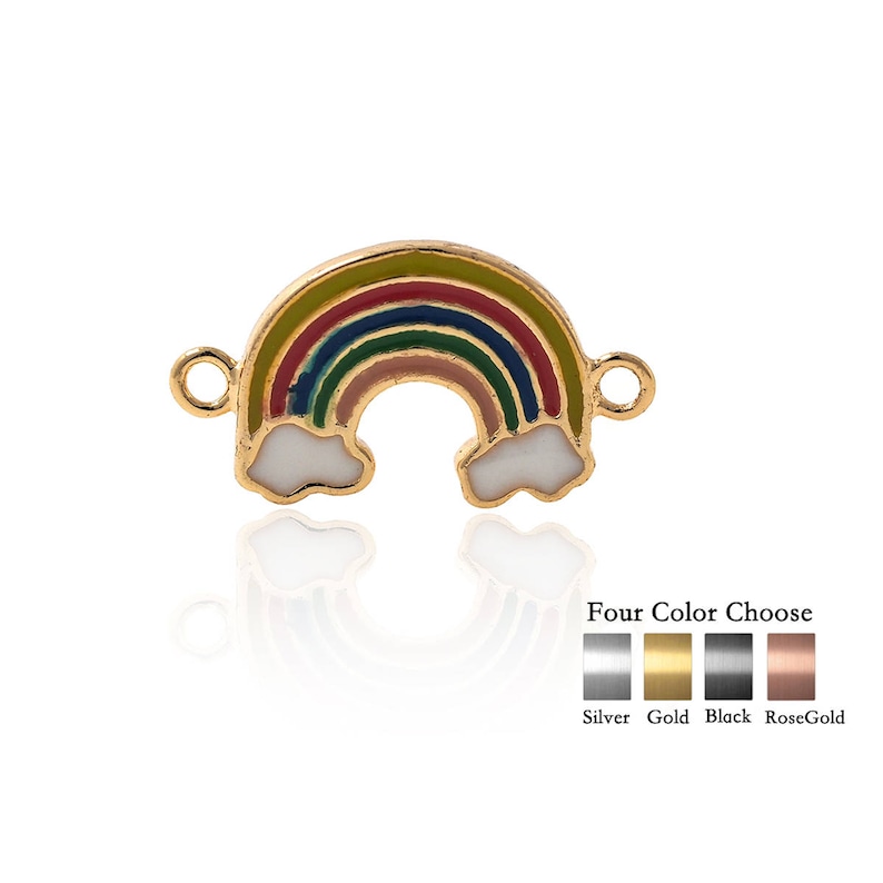 May include: Gold-tone rainbow charm with white clouds, available in silver, gold, black, and rose gold.