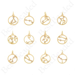 18K Filled Gold Zodiac Necklace Pendant with Diamonds, Round Zodiac Pendant, Geometric Jewelry, 15mm
