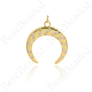 18K Gold Plated Diamond Moon Charm, Moon Necklace Pendant for DIY Jewelry Making, 29x28mm