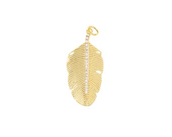 Graceful Gold Feather Pendant - Crystal Gleam Accent, Refined Natural Jewel, Perfect Ethereal Keepsake,15.2x30.8mm