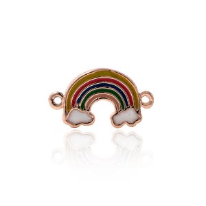 May include: A gold-toned metal charm shaped like a rainbow with white clouds. The rainbow has red, orange, yellow, green, blue, and purple stripes.