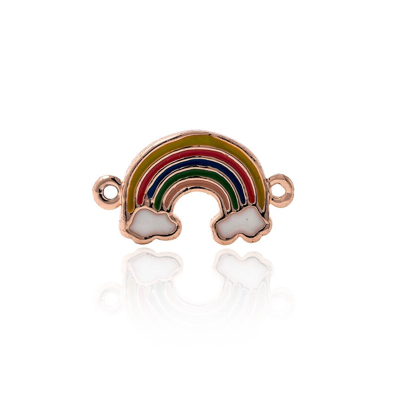 May include: A gold-toned metal charm shaped like a rainbow with white clouds. The rainbow has red, orange, yellow, green, blue, and purple stripes.