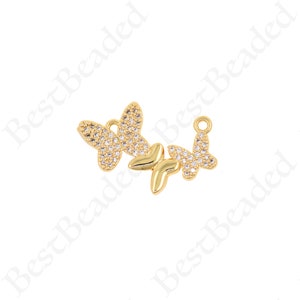 18k Filled Gold Butterfly Charm, Micropavé CZ Butterfly Charm, Minimalist Bracelet Earring Making Supplies 25x15mm