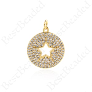18K Round Hollow Star Necklace Pendant, Celestial Ornaments, DIY Jewelry Making