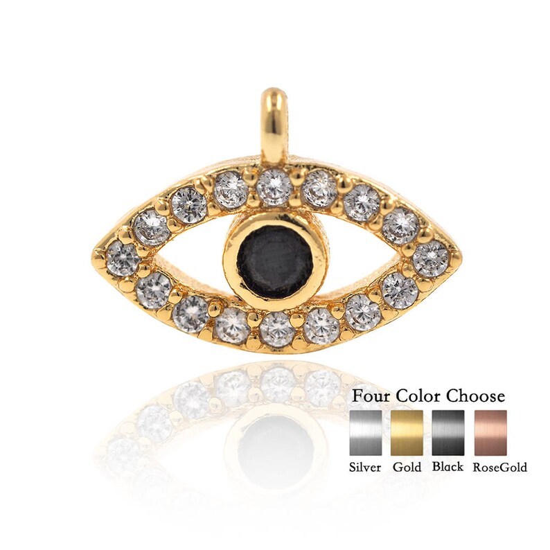 May include: Gold evil eye charm with clear cubic zirconia stones and a black centre.  Four colour choose: Silver, Gold, Black, RoseGold.