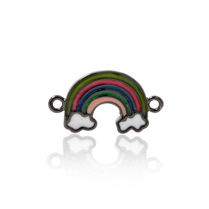 May include: A black metal charm with a rainbow and clouds design. The rainbow has red, orange, yellow, green, blue, and purple stripes. The clouds are white.