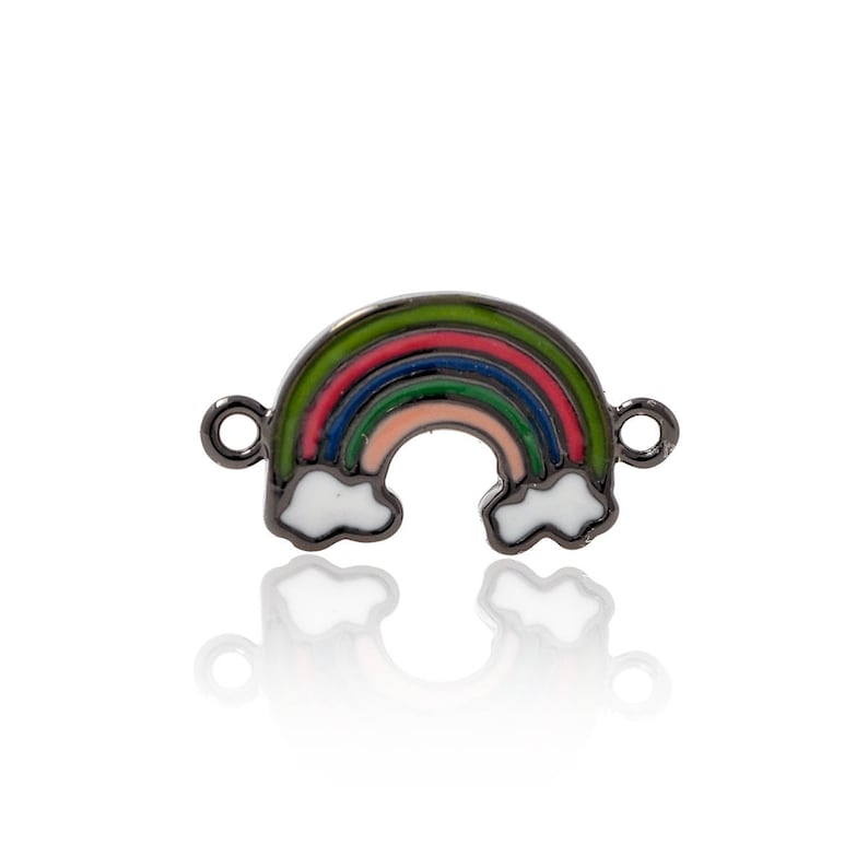 May include: A black metal charm with a rainbow and clouds design. The rainbow has red, orange, yellow, green, blue, and purple stripes. The clouds are white.