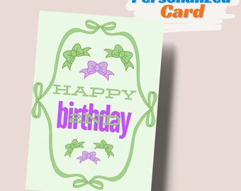 Personalized 2nd Birthday Card Template Girl Custom Congratulation card Bow Art Printable