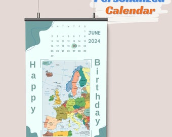 Personalisierter Wandkalender mit Europakarte 2024, Monats- und Wochenkalender, grüne Kunst zum Ausdrucken