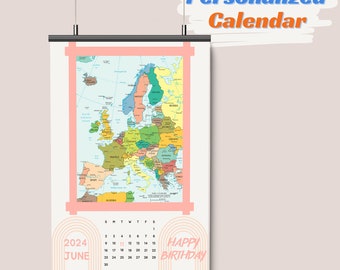 Peach Personalized Wall Calendar 2024 Europe map clipart Monthly and Weekly calendar Art printables