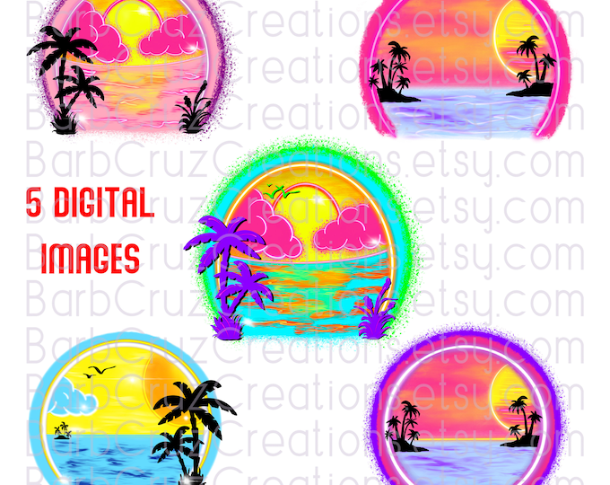 Airbrush png / Tropical Ocean Sunrise  / Bundle of 5 images / Watercolor / Spray Paint / Sunset  / clipart / DTF / Sublimation Design